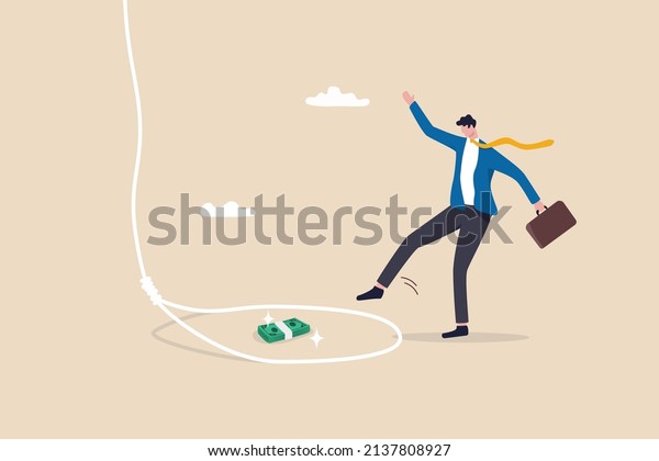 Money trap to trick greed people, danger fraud or\
threat to attack victim, financial or investment problem concept,\
greed businessman try to step into tricky rope trap to get money\
banknotes bundle.
