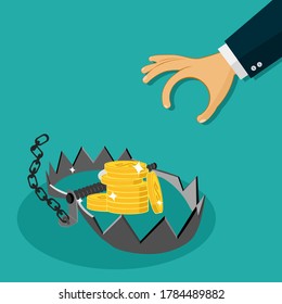 Money Trap.People Hand Going To Take Dollar Coins On Bear Trap. vector illustration