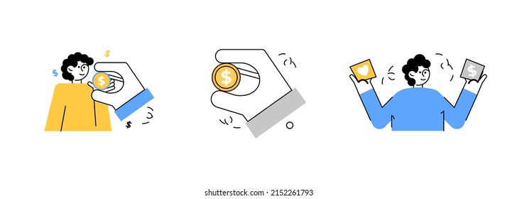 Money trasfer scene with character and hand. Vector illustration concept