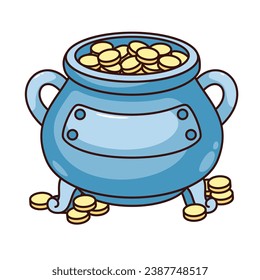 Money treasure of leprechaun, pot of gold vector illustration. Cartoon isolated cauldron full of golden coins, symbol of luck, success and wealth of St Patricks Day, magic pot boiler with cash