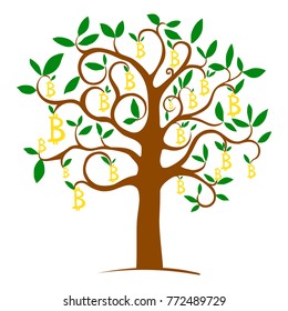 Money Tree Bitcoin. Digital currency. Cryptocurrency. Growing money tree isolated on white background. Vector illustration