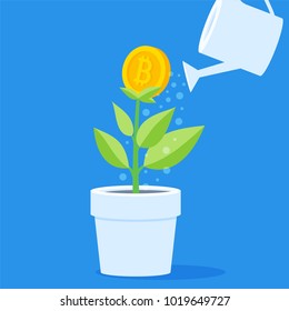 Money tree with bitcoins grow successfully. Bitcoin financial growth Concept. vector illustration in flat style isolated