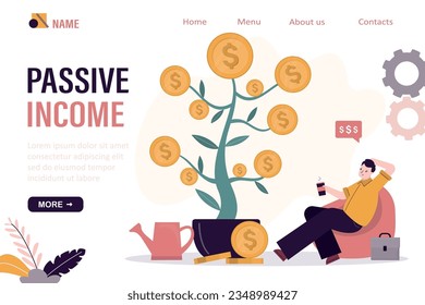 Money tree brings high earnings. Passive income, male investor relaxes and looks at growth of money plant. Businessman receives dividends, payments, royalties. innovative ideas gives good income.