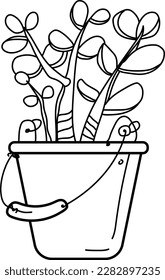 Money tree in a bucket, home plant, one line