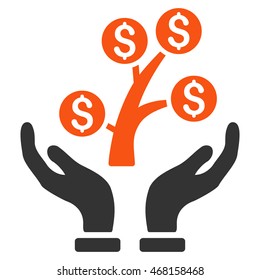 Money Tree Care Hands icon. Vector style is bicolor flat iconic symbol with rounded angles, orange and gray colors, white background.