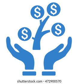 Money Tree Care Hands icon. Vector style is flat iconic symbol with rounded angles, cobalt color, white background.