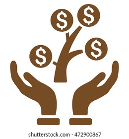 Money Tree Care Hands icon. Vector style is flat iconic symbol with rounded angles, brown color, white background.