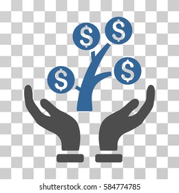 Money Tree Care Hands icon. Vector illustration style is flat iconic bicolor symbol, cobalt and gray colors, transparent background. Designed for web and software interfaces.