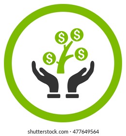 Money Tree Care Hands rounded icon. Vector illustration style is flat iconic bicolor symbol, eco green and gray colors, white background.