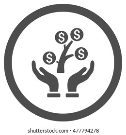 Money Tree Care Hands rounded icon. Vector illustration style is flat iconic symbol, gray color, white background.