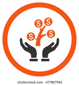 Money Tree Care Hands rounded icon. Vector illustration style is flat iconic bicolor symbol, orange and gray colors, white background.
