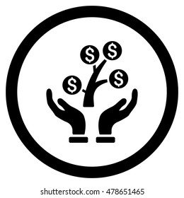 Money Tree Care Hands rounded icon. Vector illustration style is flat iconic symbol, black color, white background.