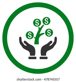 Money Tree Care Hands rounded icon. Vector illustration style is flat iconic bicolor symbol, green and gray colors, white background.