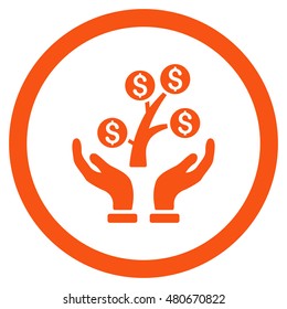 Money Tree Care Hands rounded icon. Vector illustration style is flat iconic symbol, orange color, white background.