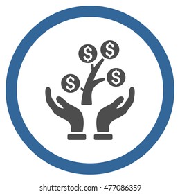 Money Tree Care Hands vector bicolor rounded icon. Image style is a flat icon symbol inside a circle, cobalt and gray colors, white background.