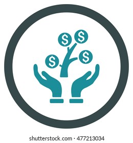 Money Tree Care Hands vector bicolor rounded icon. Image style is a flat icon symbol inside a circle, soft blue colors, white background.