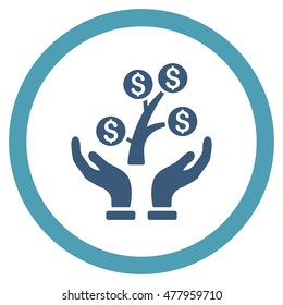 Money Tree Care Hands vector bicolor rounded icon. Image style is a flat icon symbol inside a circle, cyan and blue colors, white background.