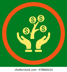 Money Tree Care Hands vector bicolor rounded icon. Image style is a flat icon symbol inside a circle, orange and yellow colors, green background.