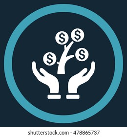 Money Tree Care Hands vector bicolor rounded icon. Image style is a flat icon symbol inside a circle, blue and white colors, dark blue background.