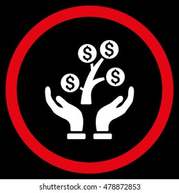 Money Tree Care Hands vector bicolor rounded icon. Image style is a flat icon symbol inside a circle, red and white colors, black background.