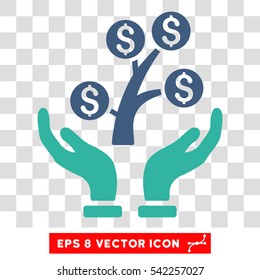 Money Tree Care Hands vector icon. Image style is a flat cobalt and cyan iconic symbol.