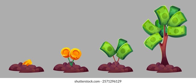 Money tree cartoon growth stages - golden coin seed sprouting into plant with gold coins flowers, developing green dollar bill leaves, maturing into currency foliage. Progressive wealth evolution.