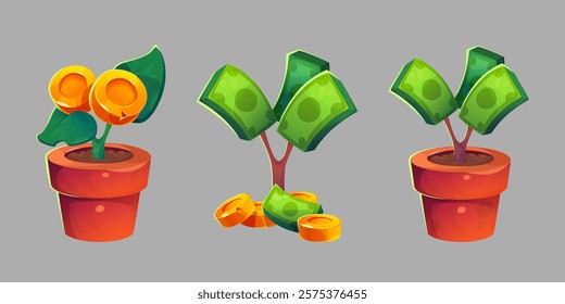 Money tree cartoon set - potted plant with golden coins, flourishing branches with dollar bills, scattered wealth. Stylized financial growth symbol in clay pots, investment metaphor on gray backdrop.