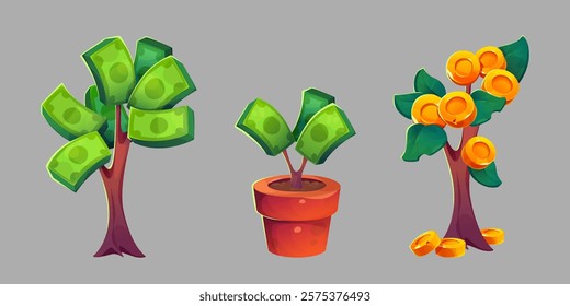 Money tree cartoon set - potted plant with golden coins, flourishing branches with dollar bills, scattered wealth. Stylized financial growth symbol in clay pots, investment metaphor on gray backdrop.