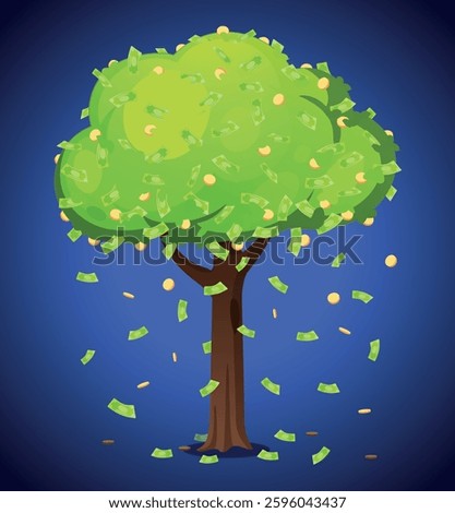 Money tree with cash falling from branches. An illustrated tree with money growing instead of leaves, and cash bills falling to the ground. A financial growth and wealth concept in digital art.