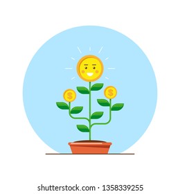 Money tree character. Investmen, money growth concept. Flat style illustration.