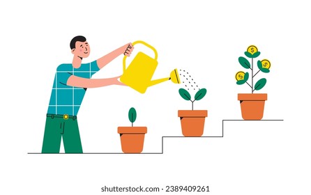 Money tree with coin in pot. Man with watering can for grow currency. Business investment concept. 