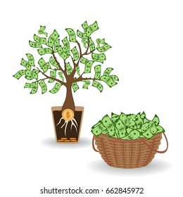 Money tree with a coin root. Green cash banknotes tree in ceramic pot and money basket. Business and investment harvest and income concept