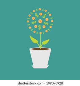 Money tree with coins and dollar sign in the pot. Flat design. Vector illustration