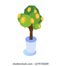 Money tree with coins growing, Business investment icon isometric concept.
