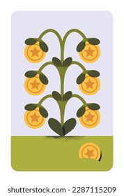 Árbol de dinero con monedas y hojas creciendo. La riqueza financiera, el concepto de crecimiento del ingreso. Ingresos, ahorro salarial, presupuesto, aumento de fondos. Inversión y prosperidad financiera, éxito. Ilustración vectorial plana