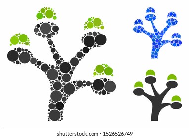 Money tree composition for money tree icon of round dots in variable sizes and color hues. Vector round dots are grouped into blue collage. Dotted money tree icon in usual and blue versions.