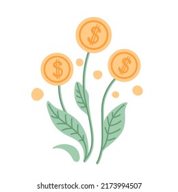 Money tree concept. Financial and investment growth, earning profit, capital gain, success in wealth management. Plant with coin flowers. Simple hand drawn flat vector illustration, icon.