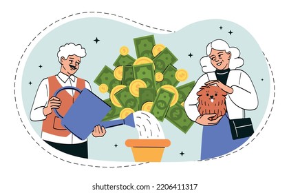Money tree concept. Grandparents planting plant with money. Financial vulnerability and passive income. Successful entrepreneurs or investors, family budget. Cartoon flat vector illustration