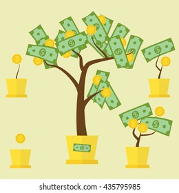 Concepto de árbol de dinero con dólares verdes como hojas y monedas de oro como fruta. Ilustración vectorial para el crecimiento financiero, la banca, la abundancia, los ingresos, la puesta en marcha, la ganancia del mercado