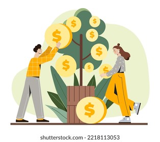 Money tree concept. Man and woman collect gold coins from plants. Financial literacy and passive income. Trading and investing. Poster or banner for website. Cartoon flat vector illustration