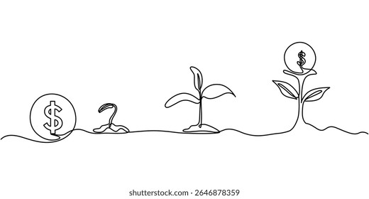 Ícone de linha contínua da árvore do dinheiro, Um desenho de linha contínuo do processo de crescimento da planta do dinheiro. Conceito de economia de retorno e investimento. Ilustração vetorial de design gráfico de desenho de uma linha, Contínuo