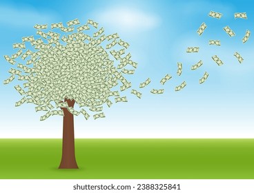 Money Tree with Dollar Banknote. Business Profit Growing with Passive Income. Growing Money, Saving and Investment Concept. 