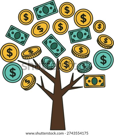 Money tree with dollar bills and coins as leaves, depicting financial growth, investment, and abundance in a simple vector style.