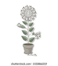 Money tree. Dollar bills grow. Flower made from dollar bills. Paper money, financial growth concept, market growth, economic,investment income, benefit.Vector illustration isolated, white background