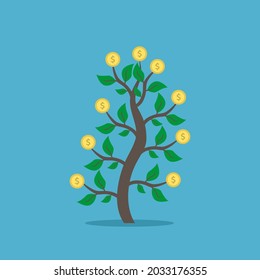 Money tree, dollar coins growing on it. Abundance, profit, investment, interest and retirement concept. Flat design. Vector illustration. EPS 8, no gradients, no transparency