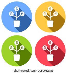 money tree. dollar, euro and bitcoin. simple silhouette. Set of white icons with long shadow on blue, orange, green and red colored circles. Sticker style