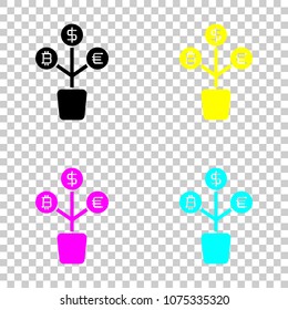 money tree. dollar, euro and bitcoin. simple silhouette. Colored