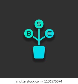 money tree. dollar, euro and bitcoin. simple silhouette. Colorful logo concept with soft shadow on dark background. Icon color of azure ocean