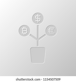 money tree. dollar, euro and bitcoin. simple silhouette. Paper design. Cutted symbol. Pitted style