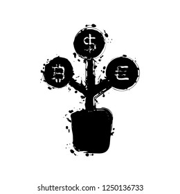 money tree. dollar, euro and bitcoin. simple silhouette. Black ink with splashes on white background